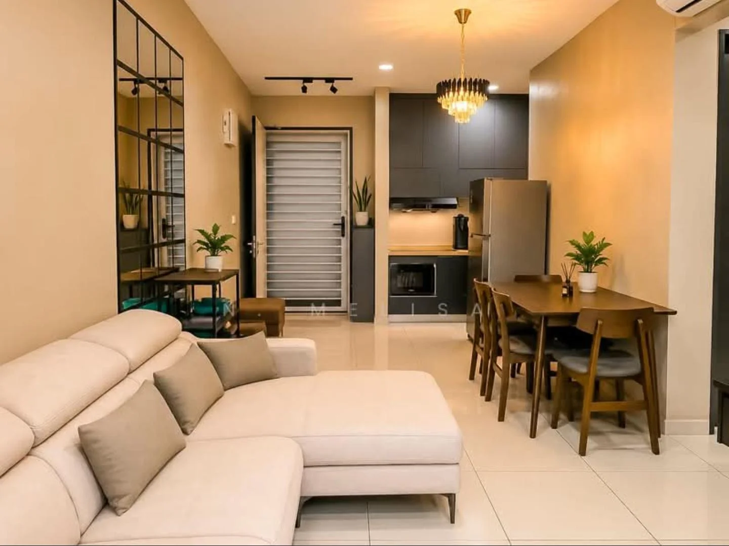 Living features: L-shape sectional sofa in cream, decorative cushions, coffee table, wall-mounted TV, area rug, pendant light fixture, wall mirror, potted plants, white tiled flooring, painted walls in beige, sliding glass door, ceiling-mounted air conditioning unit; style: modern. Dining features: 6-seater dining table in wood, wooden dining chairs, kitchen cabinetry, built-in oven, stainless-steel fridge, countertop with backsplash, kitchen sink, kitchen faucet; style: modern.